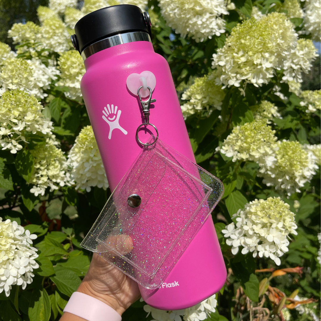 clear glitter wallet water bottle