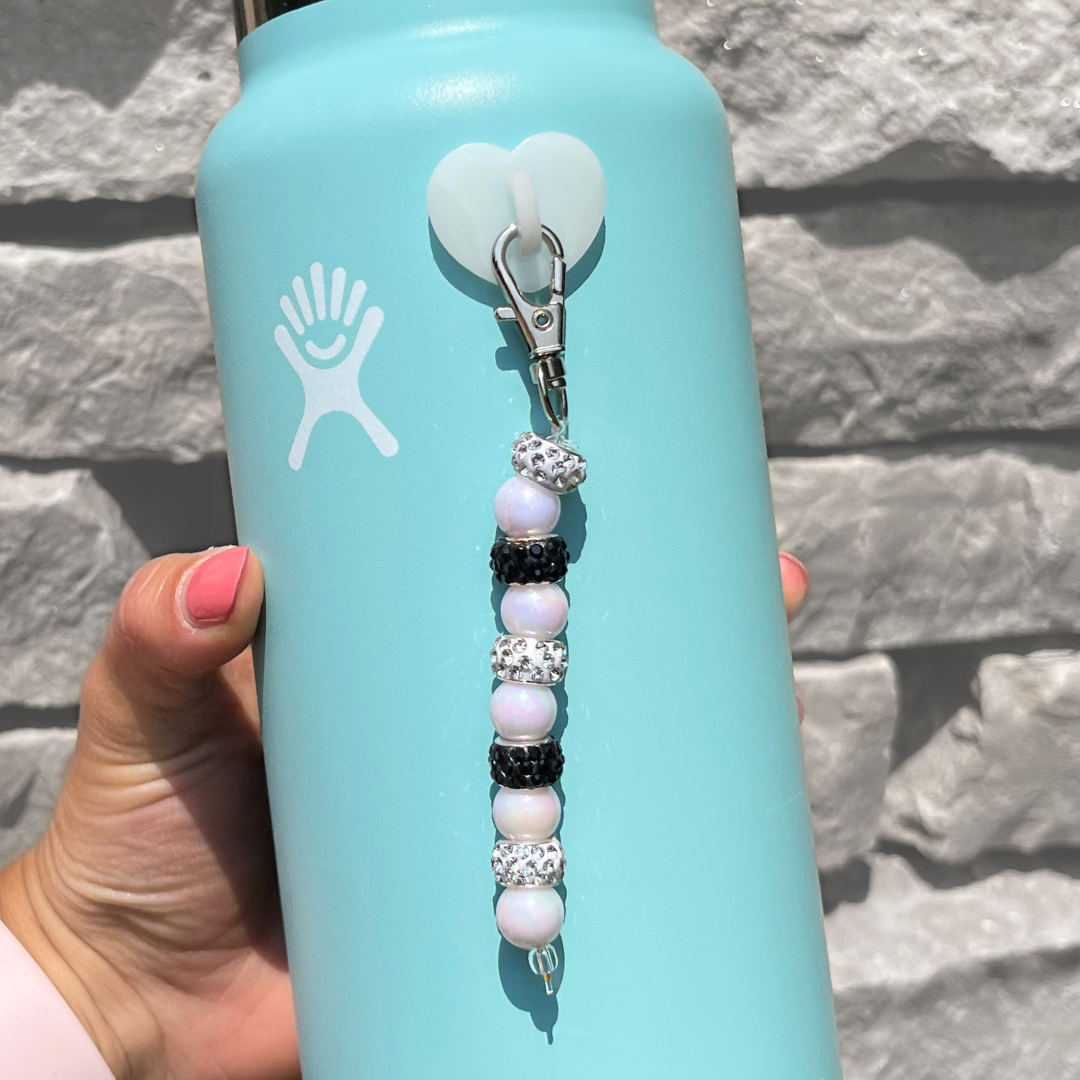 White Black Bling Bead Charm Water Bottle