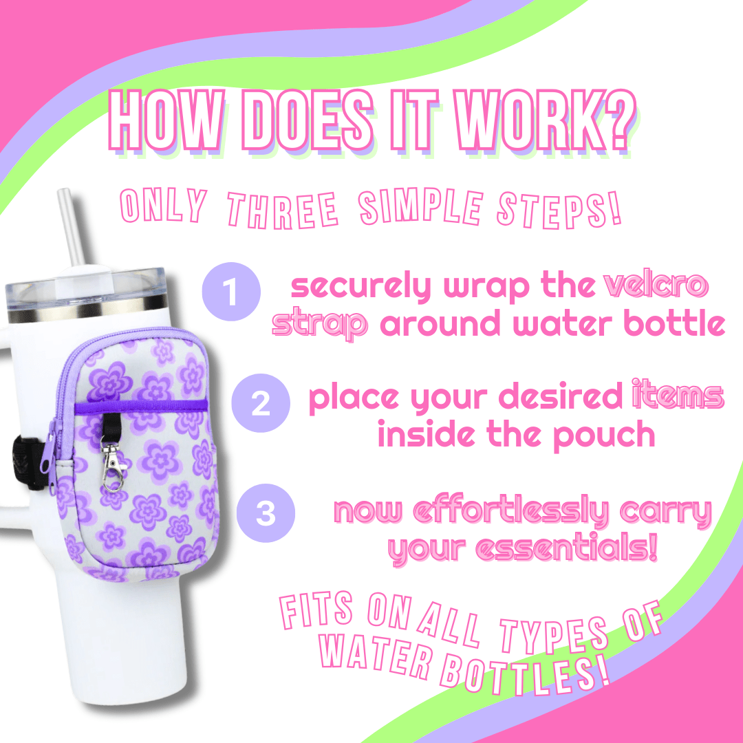 Instructional graphic showing how to use the purple flower water bottle pouch in three simple steps with a white tumbler.