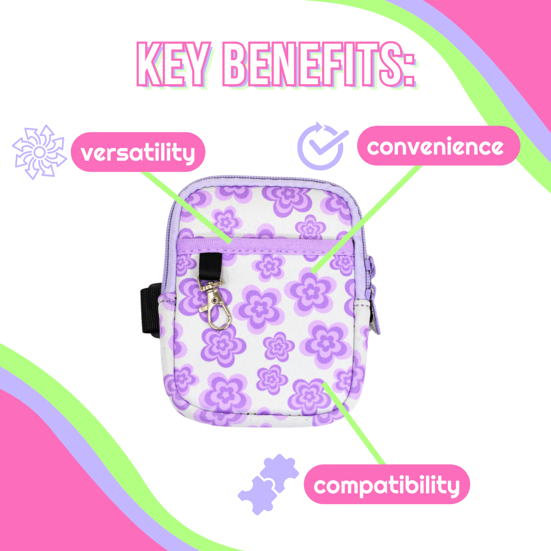 Infographic showing the purple flower water bottle pouch with labeled benefits: versatility, convenience, and compatibility.