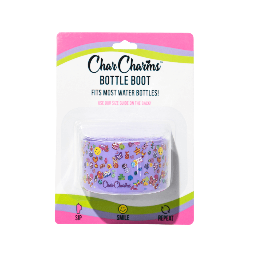 Close-up of a purple sticker-covered tumbler boot with fun character designs and hydration charm in packaging