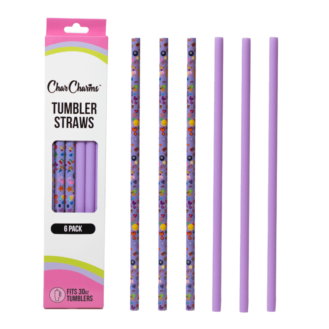 Backside view of striped tumbler straw pack highlighting sticker-themed details and product usage