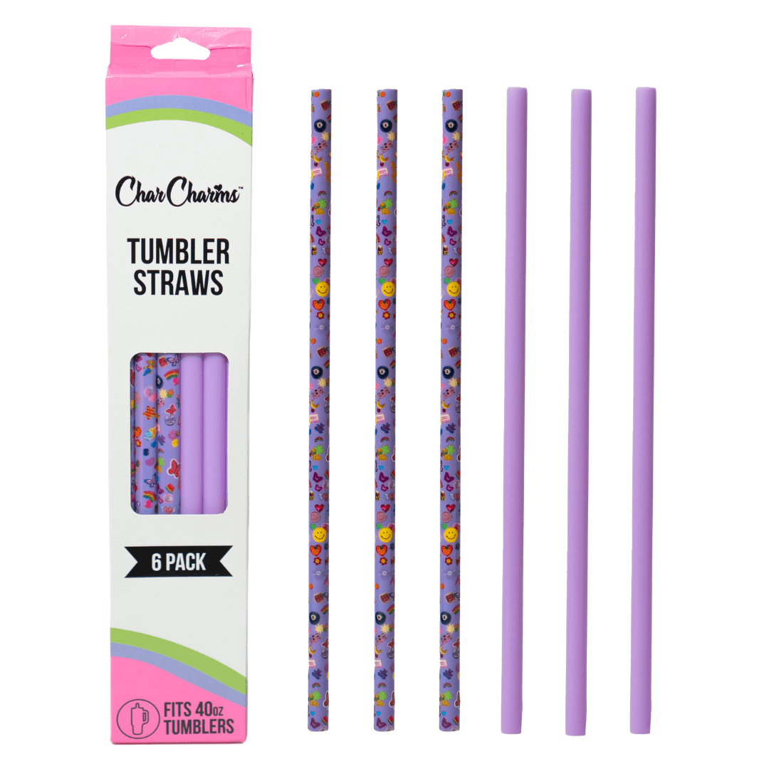 Striped purple tumbler straw pack set displayed on retail card with fun and reusable drinking straws