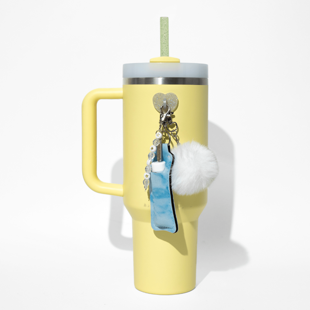 Blue marble chapstick holder and white star bead charm