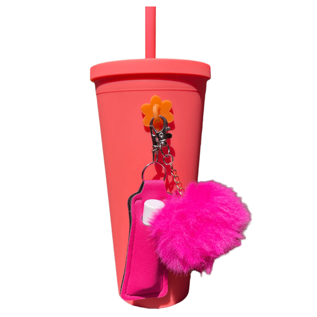 CharCharms Water Bottle Tumbler with Straw Bundle, Accessories, Charms, Chapstick Holder, PomPom, Colorful bottle, Gift, Kids, Girls, Teens, Orange Bottle, Coral, Flower, Hot Pink