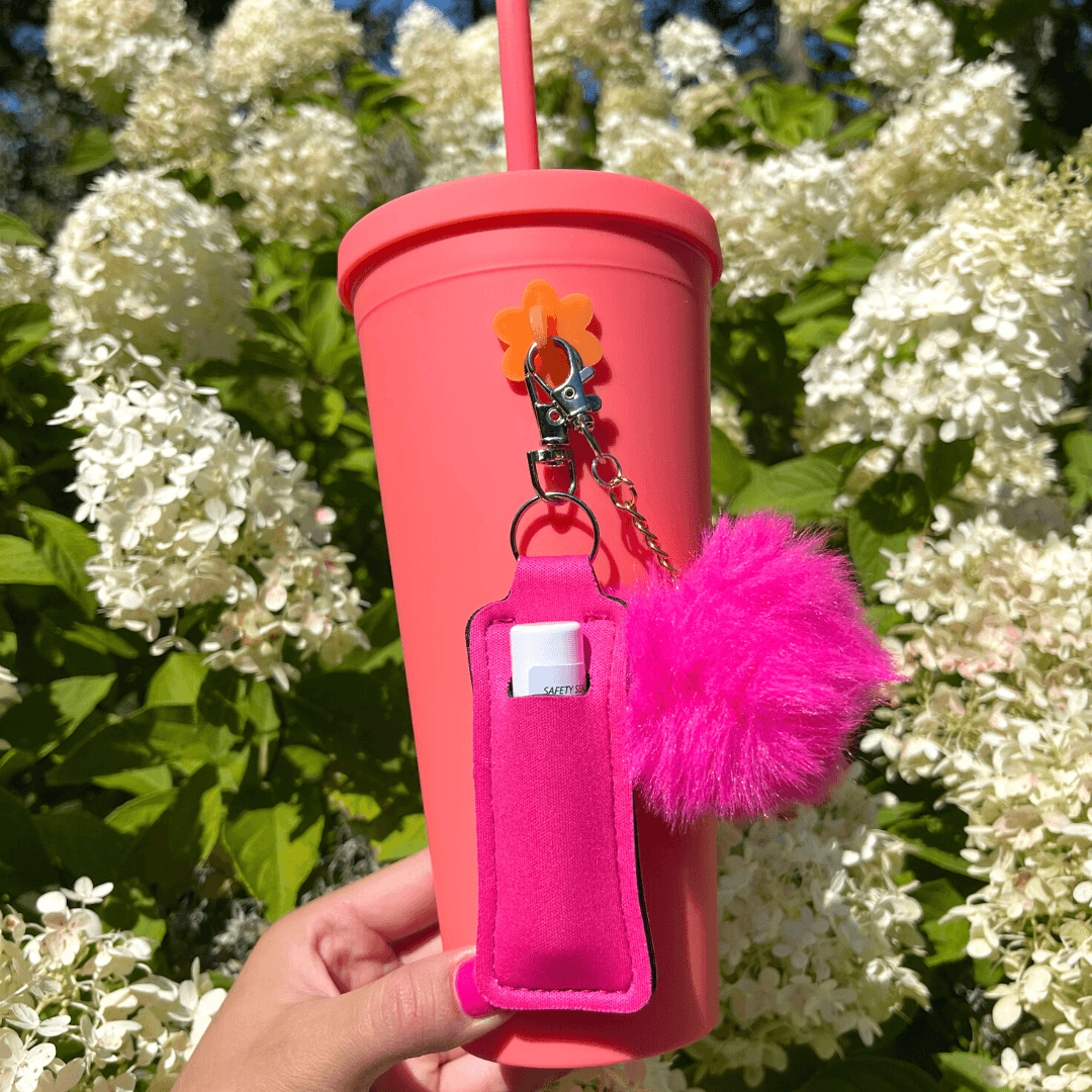 CharCharms Water Bottle Tumbler with Straw Bundle, Accessories, Charms, Chapstick Holder, PomPom, Colorful bottle, Gift, Kids, Girls, Teens, Orange Bottle, Coral, Flower, Hot Pink