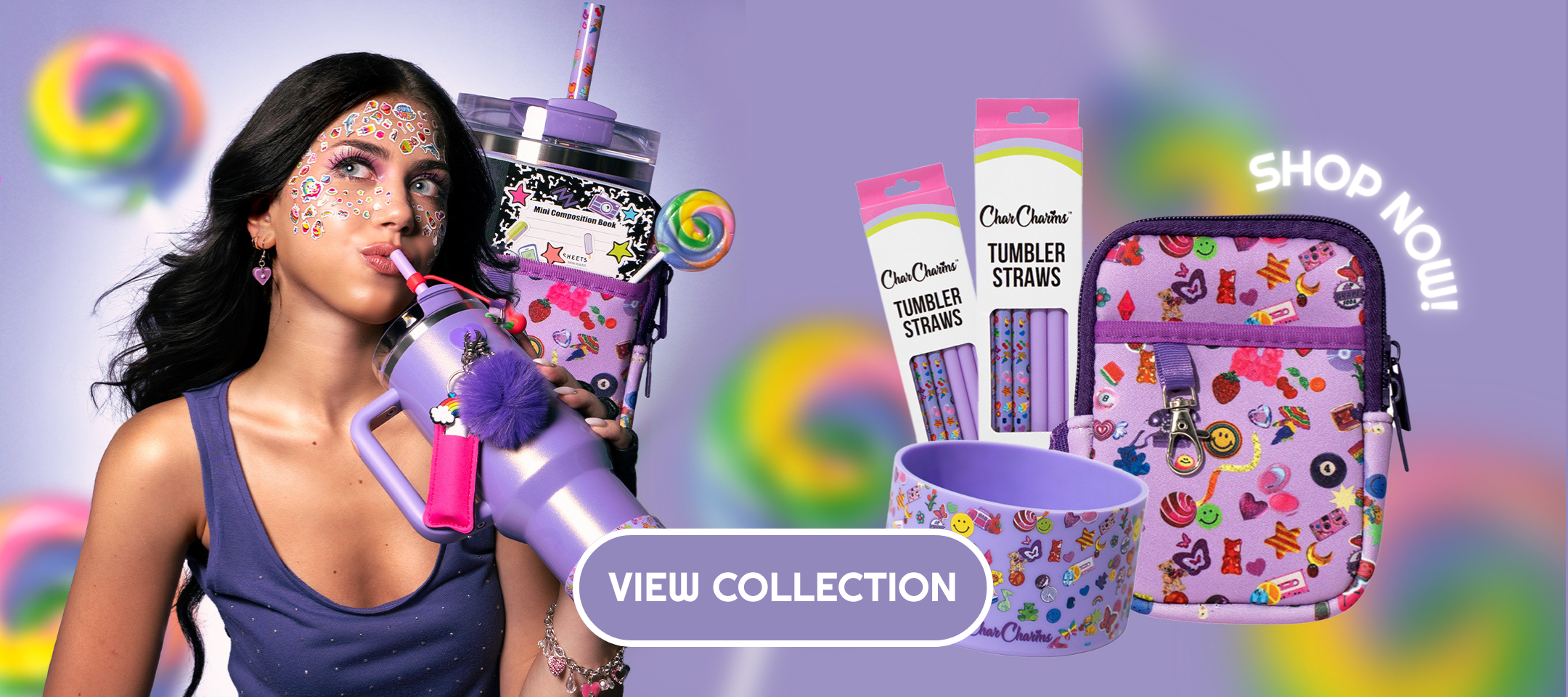 Girl holding tumbler with colorful sticker straws, pouches, and boots – vibrant hydration accessories on purple background