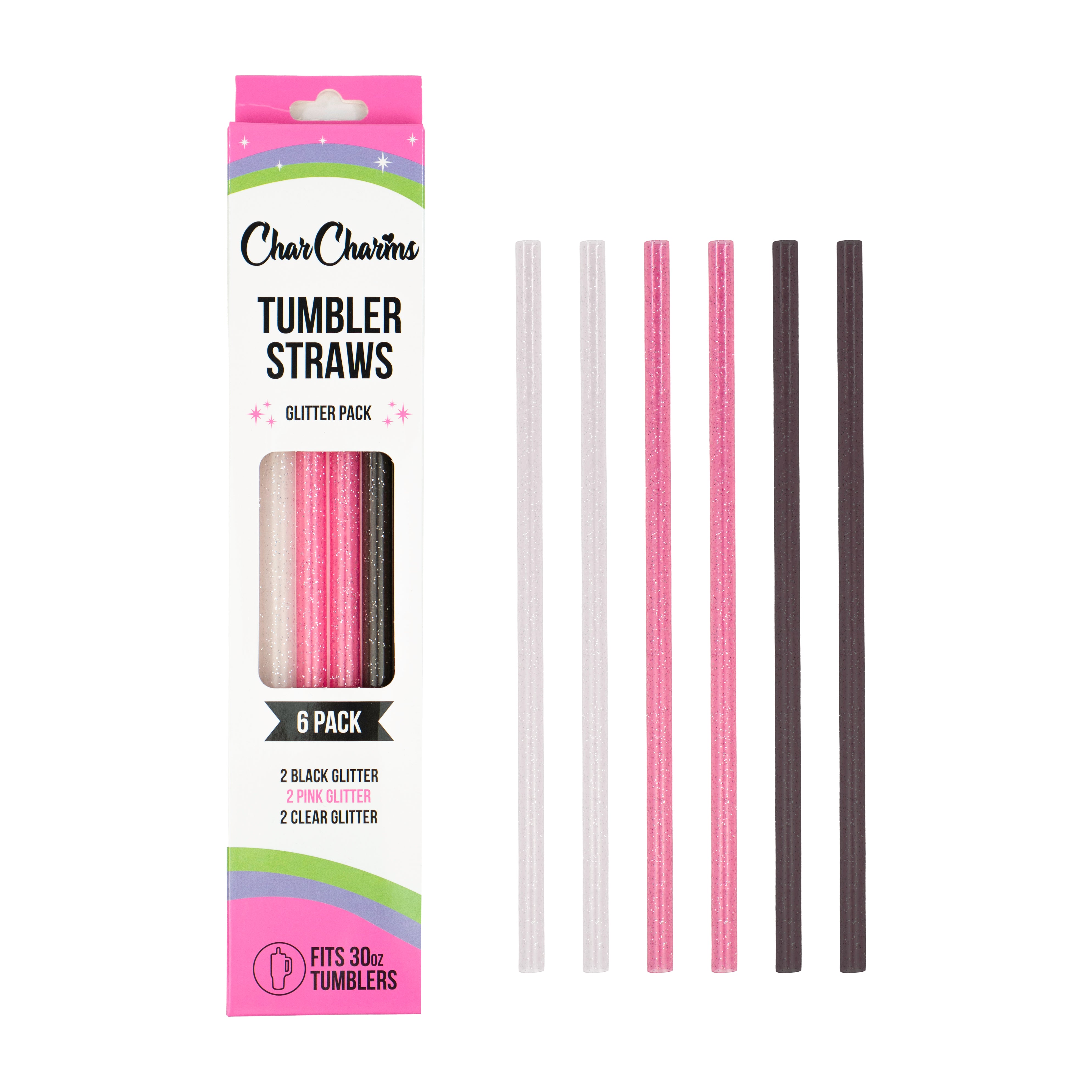 30oz Pink, Clear, Black Glitter Tumbler Straws