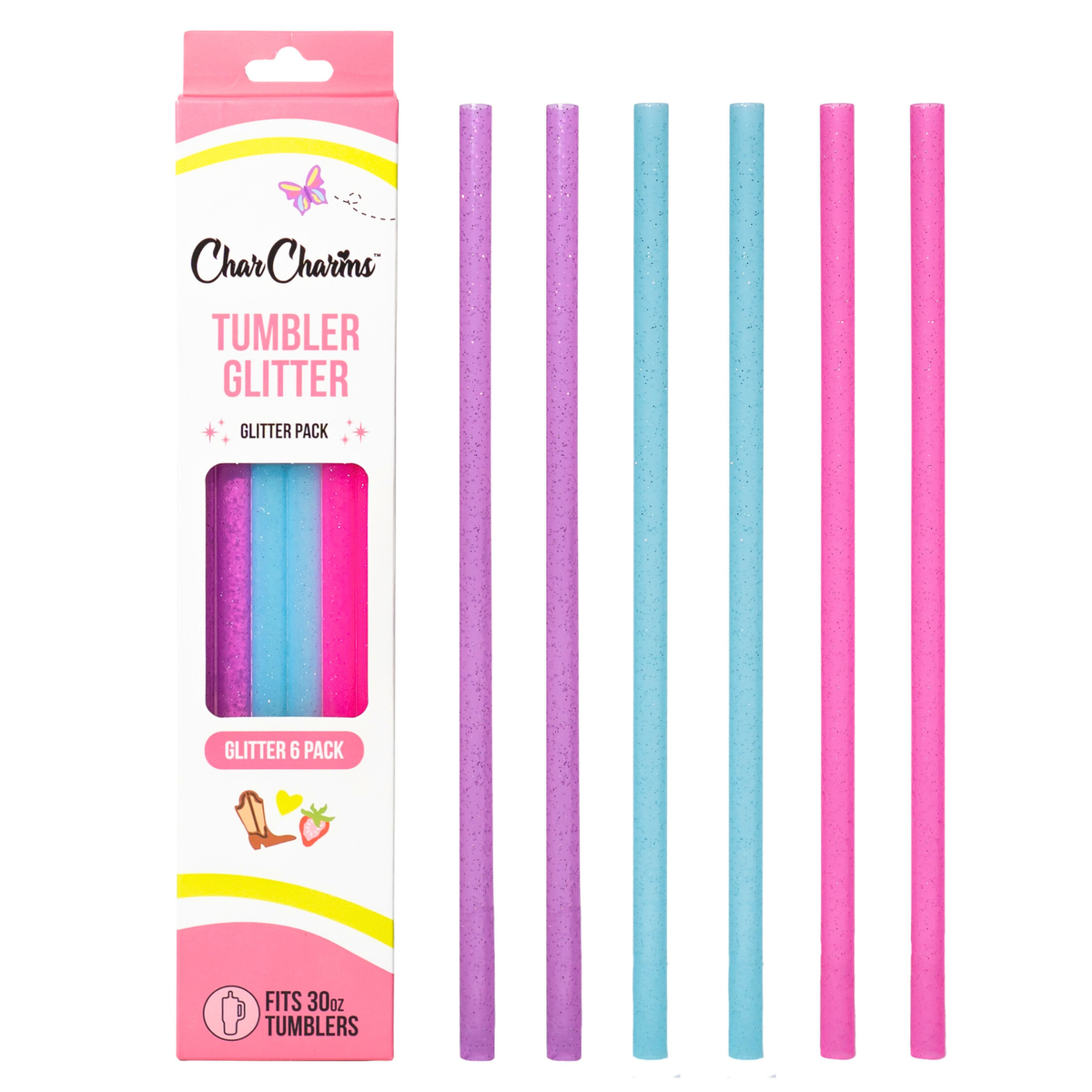 Purple, Blue, Pink Glitter 30oz Tumbler Straws – 6 Pack