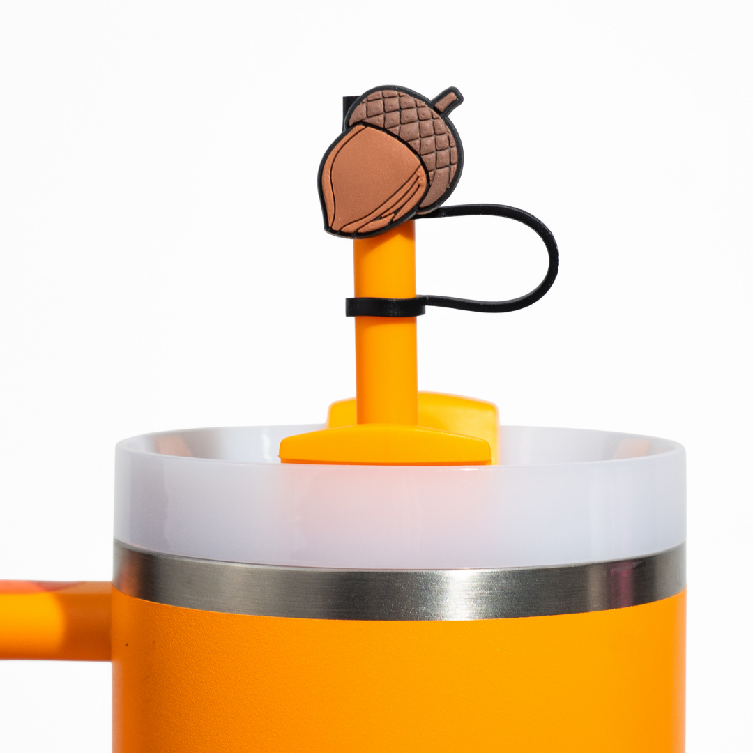 Acorn-themed straw topper on an orange tumbler from CharCharms fall collection