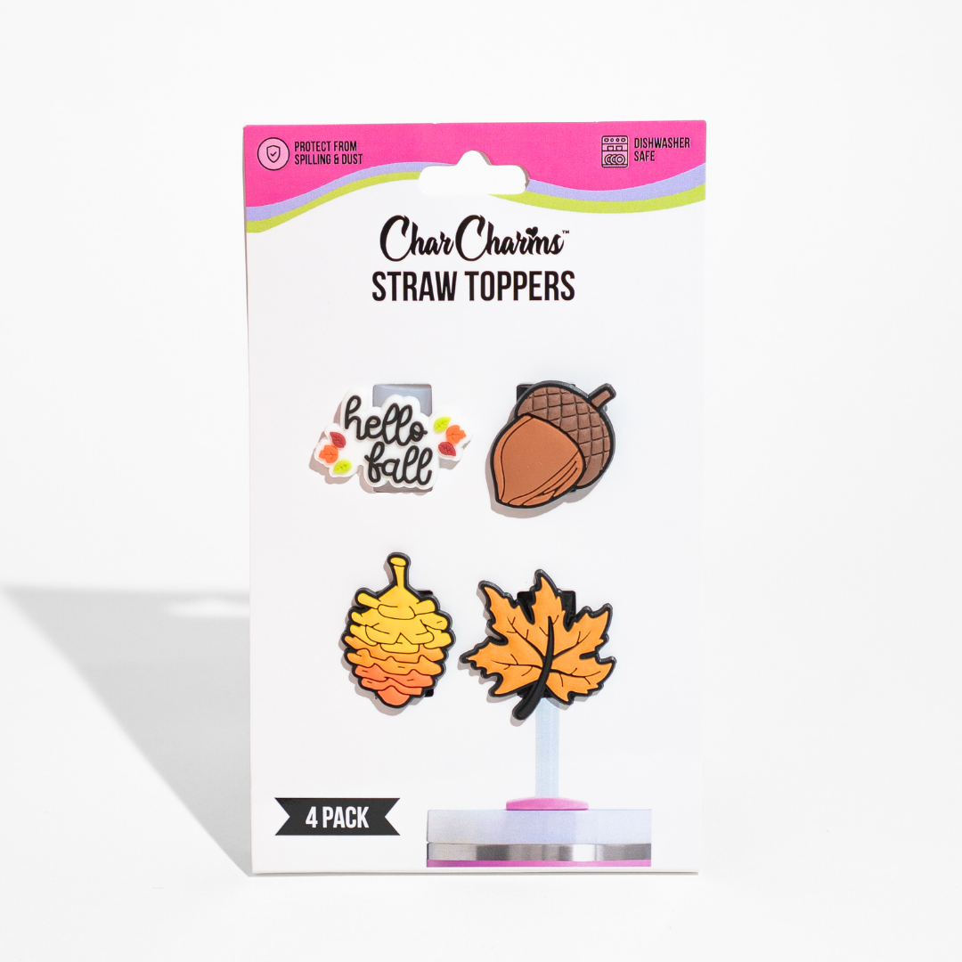 Packaging of CharCharms fall straw toppers featuring acorn, leaf, and Hello Fall designs on a white background