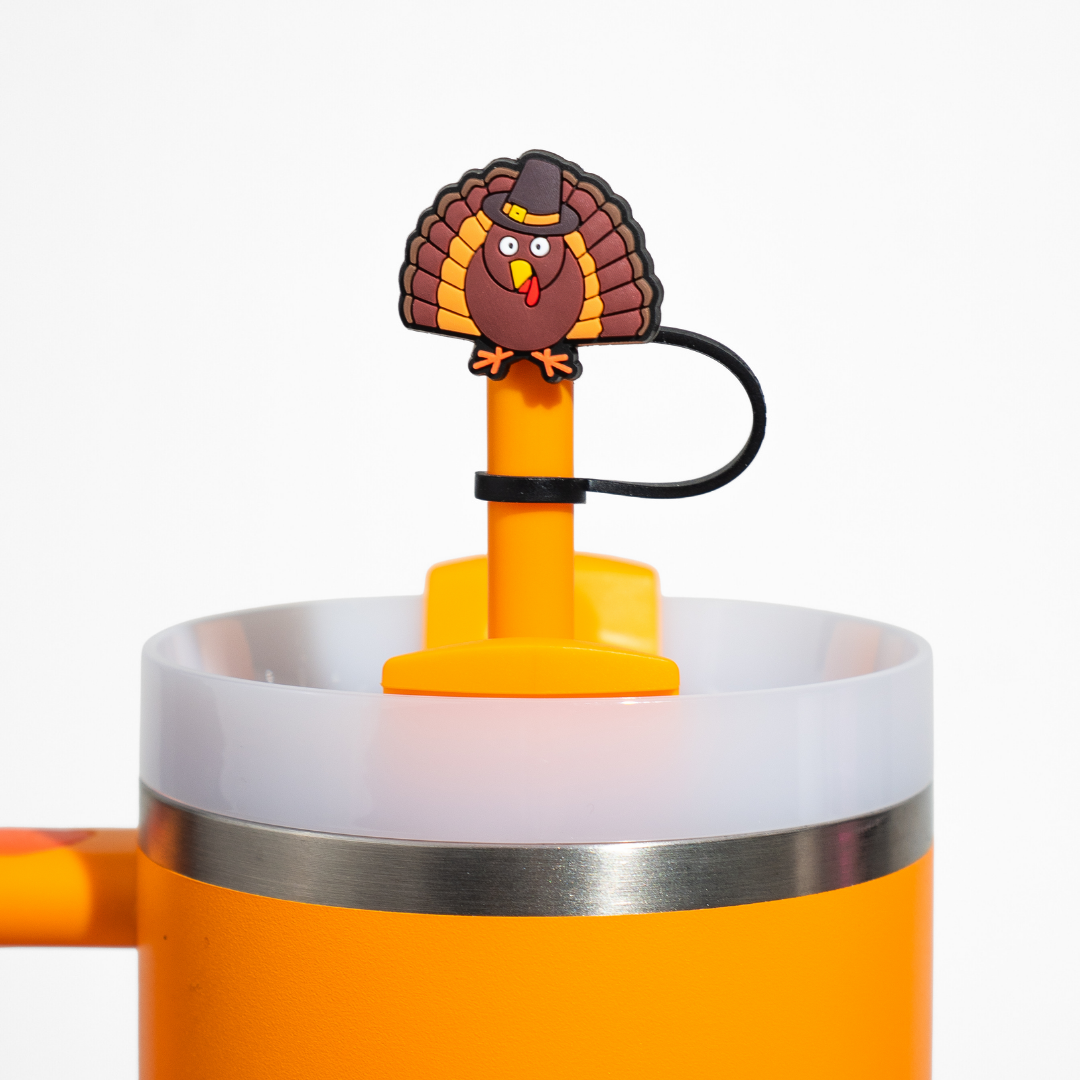 Thanksgiving turkey straw topper on an orange tumbler from CharCharms