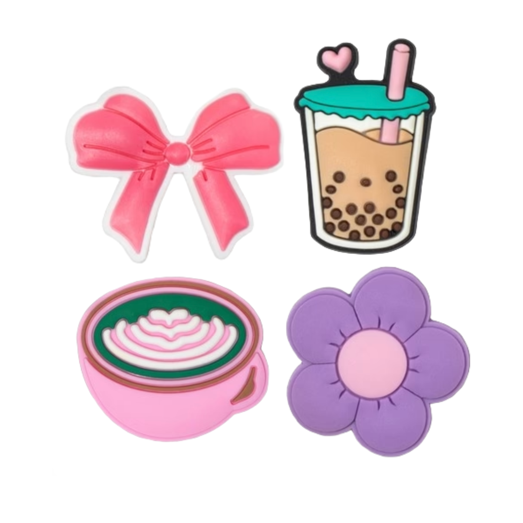 Set of four colorful rubber stamps on a white background