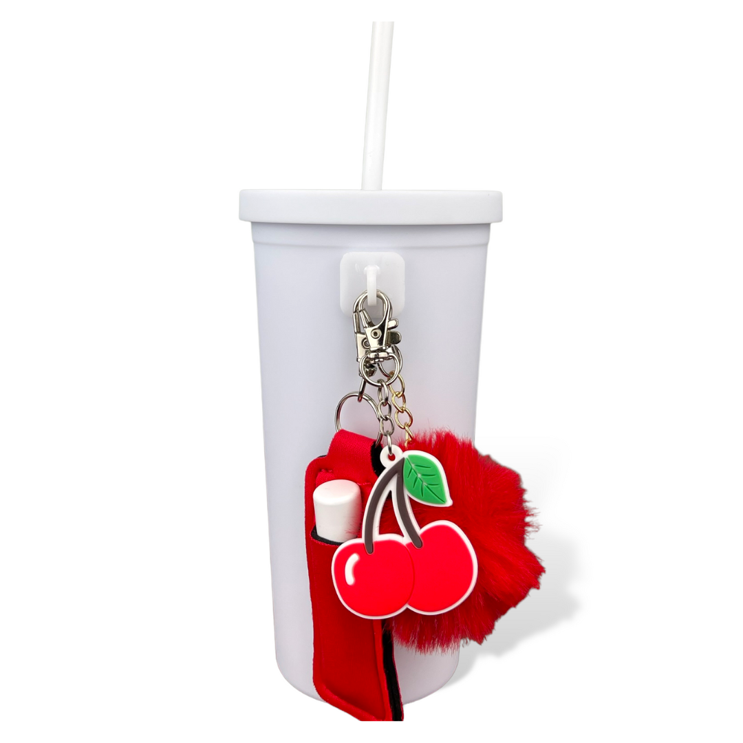 CharCharms Water Bottle Bundle Accessories Bottle Model, Cute Unique Water Bottle with Straw Tumbler, White & Red, Cherries, Cherry