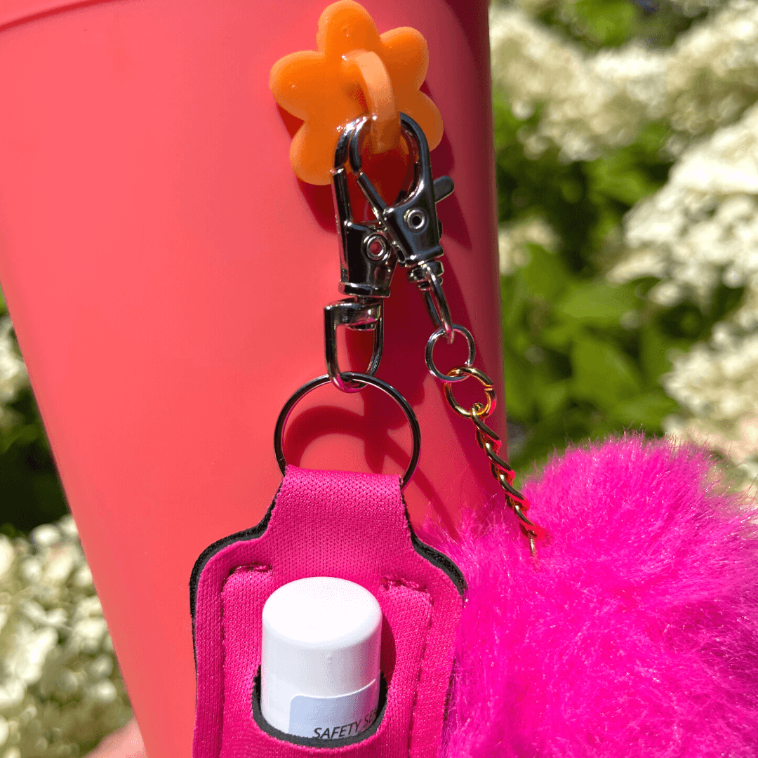 CharCharms Water Bottle Tumbler with Straw Bundle, Accessories, Charms, Chapstick Holder, PomPom, Colorful bottle, Gift, Kids, Girls, Teens, Orange Bottle, Coral, Flower, Hot Pink