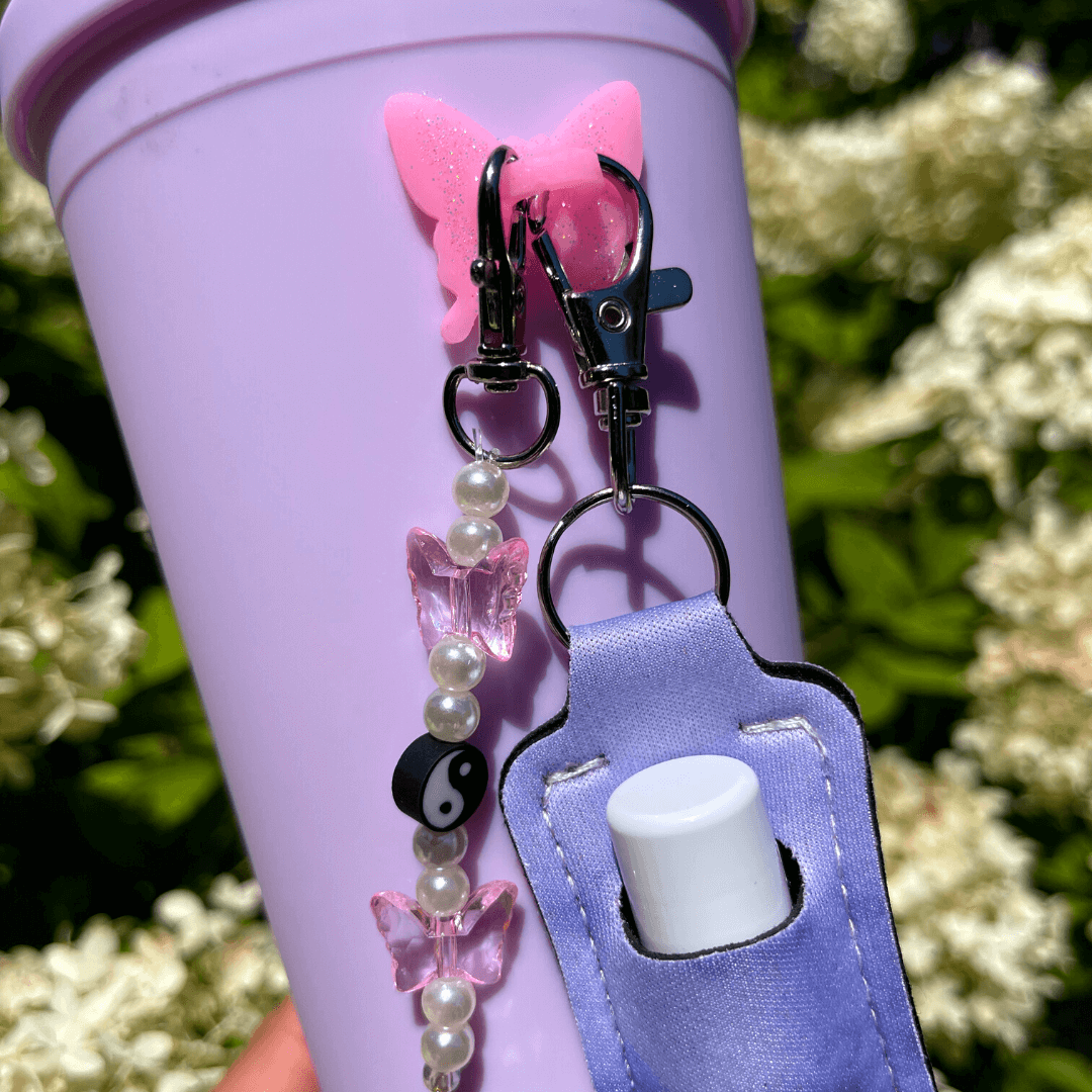 CharCharms Water Bottle Tumbler with Straw Bundle, Accessories, Charms, Chapstick Holder, Beads, Butterfly Bead, Butterfly Bottle, Purple Marble, Kids Bottle, Girls Bottle, Gift for